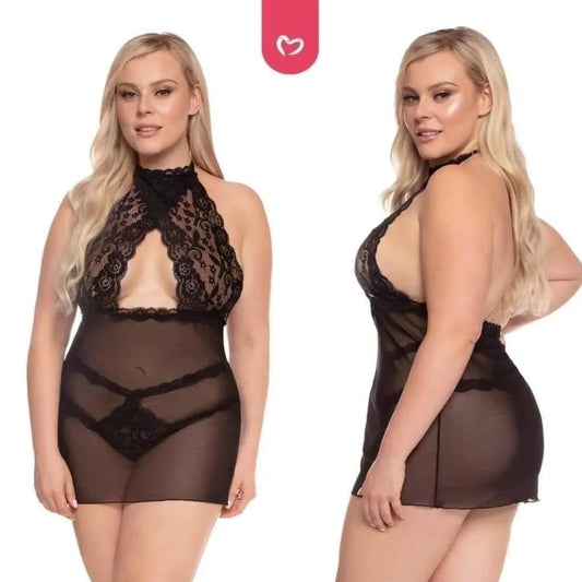 Halter Babydoll with Strappy G-String Lingerie - Black