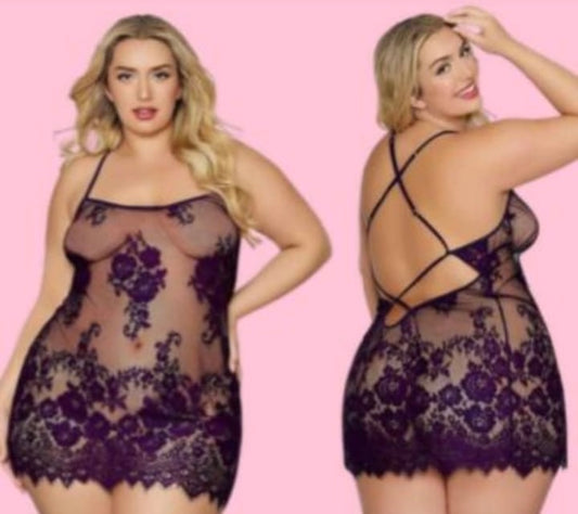 Floral Lace & Mesh Chemise – Plum